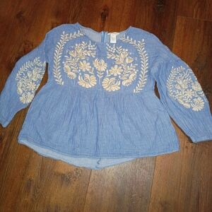 Blue Peasant Blouse with Floral Embroidery